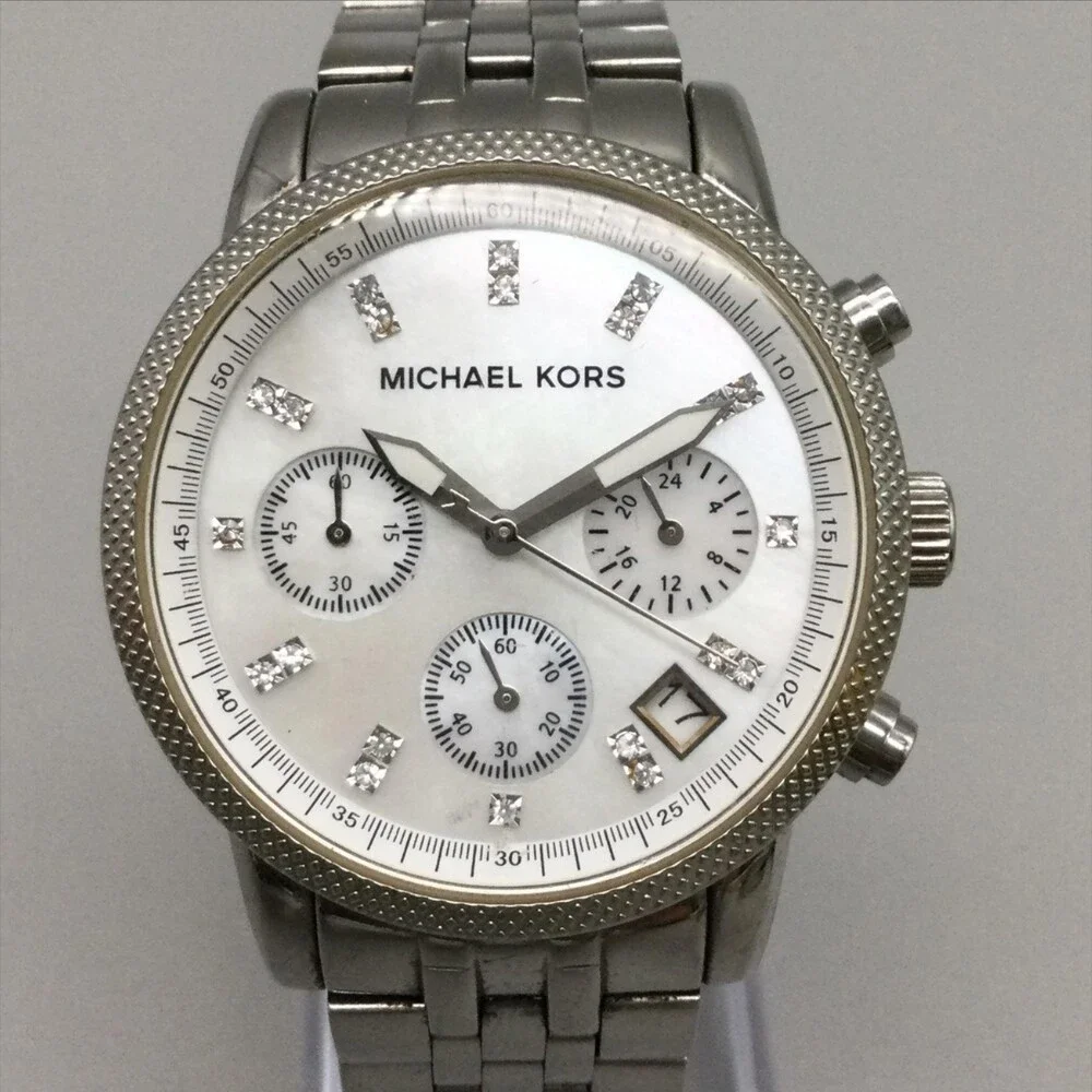 Michael Kors Womens Watch 36mm MOP Dial Stainless Chronograph New Battery 6.75